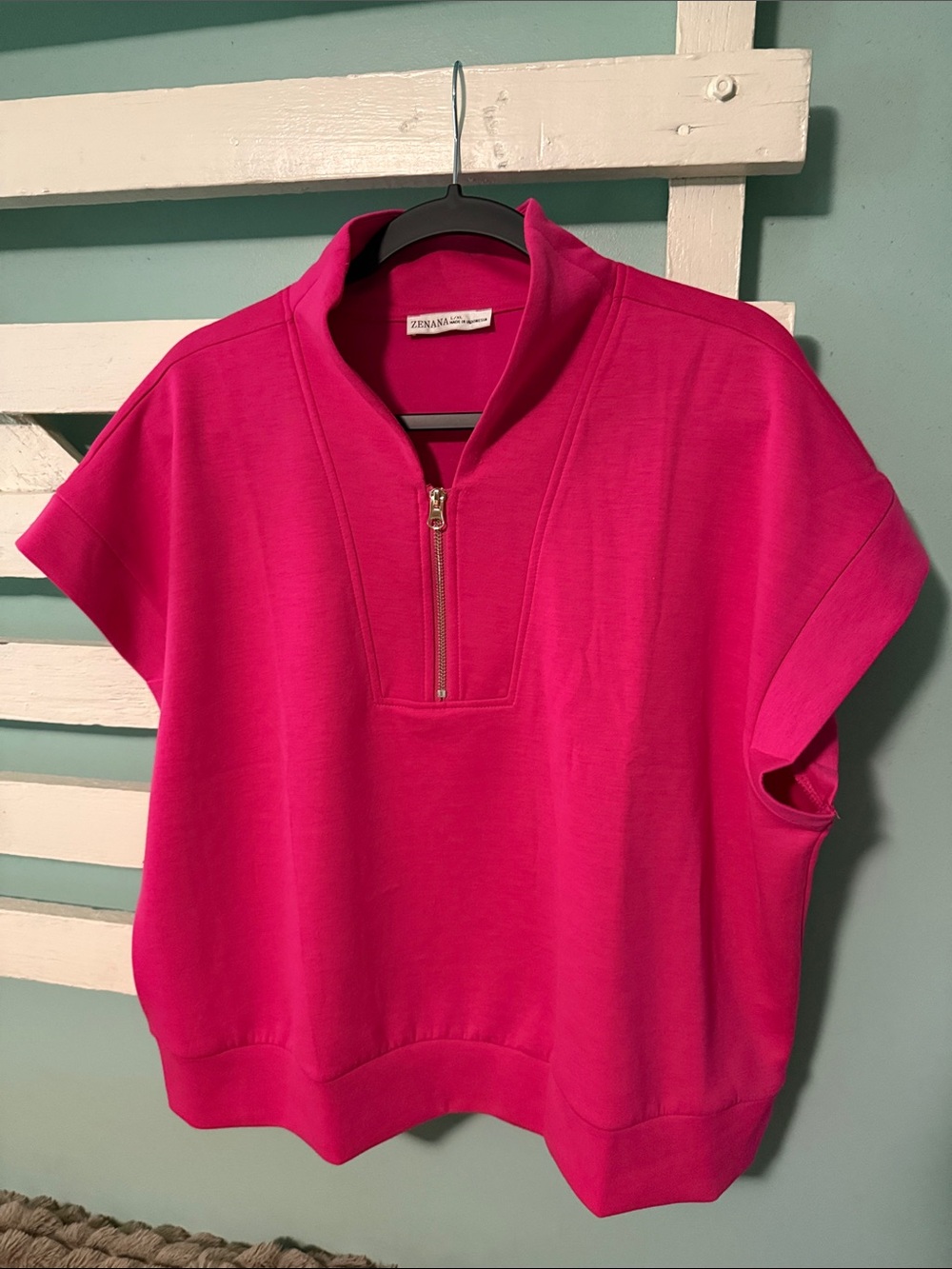 Zenana Hot Pink Scuba Half-Zip Short Sleeve Top - Picture 1 of 2